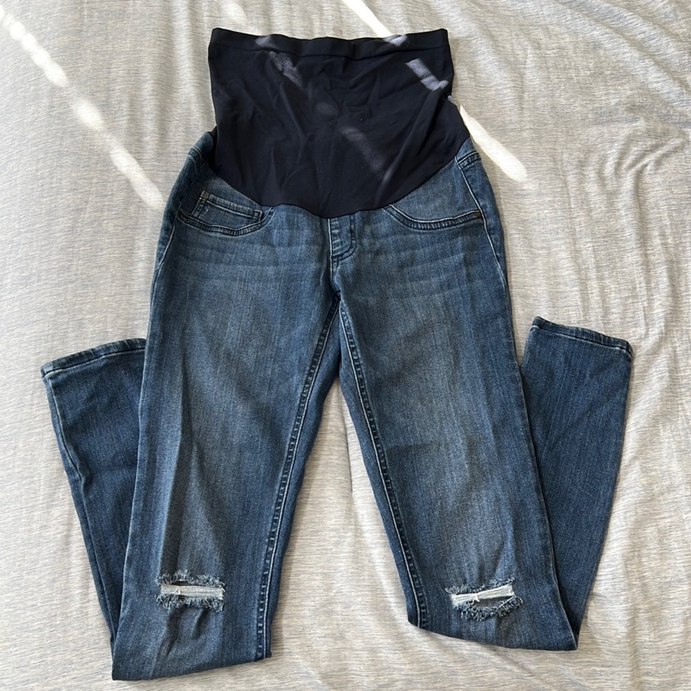 Indigo Blue over the belly distressed skinny jeans